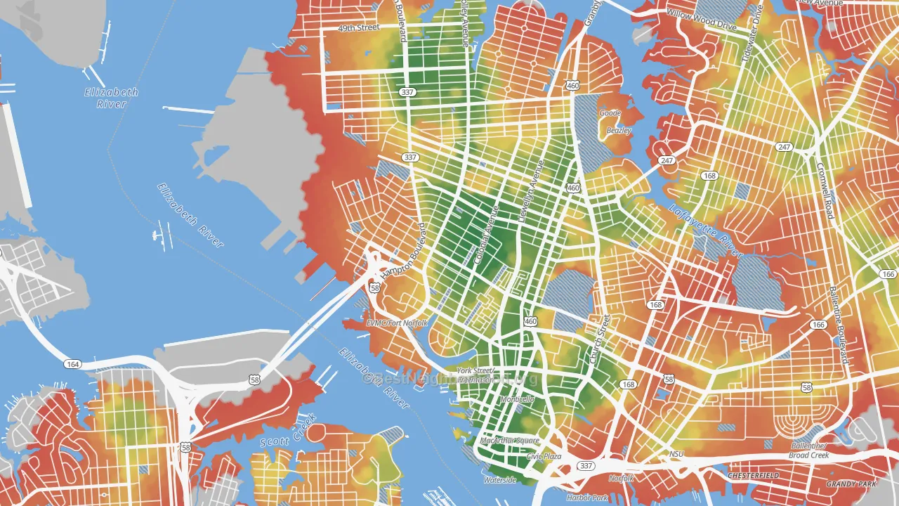 Walk Grade map of Ghent, Norfolk, VA, walkable areas in green and car-dependent areas in red