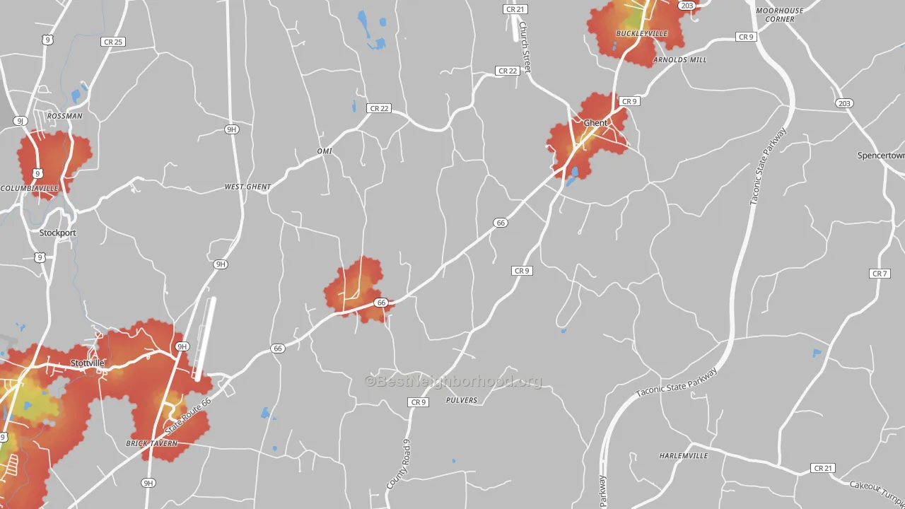 Walk Grade map of Ghent, NY, walkable areas in green and car-dependent areas in red