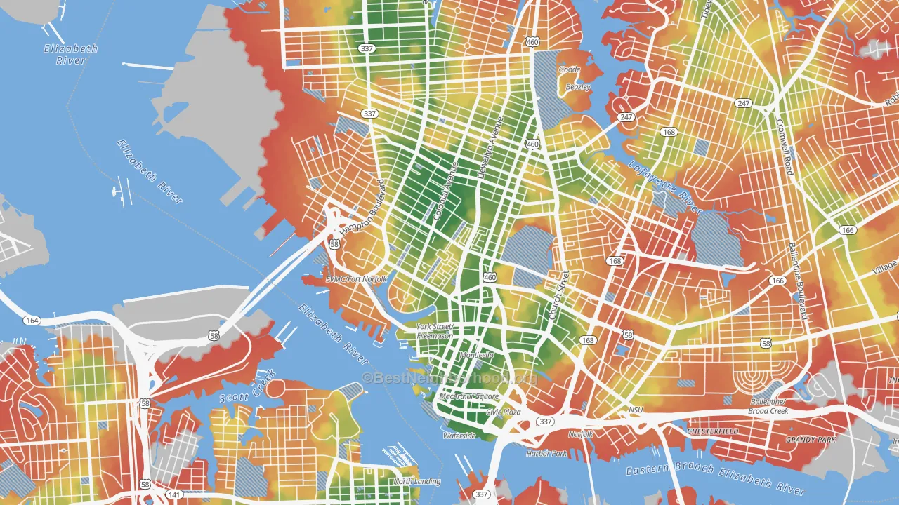 Walk Grade map of Ghent Square, Norfolk, VA, walkable areas in green and car-dependent areas in red