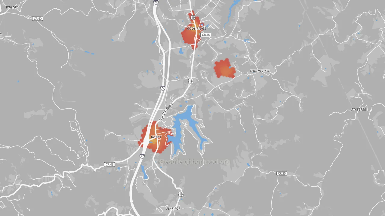 Walk Grade map of Ghent, WV, walkable areas in green and car-dependent areas in red
