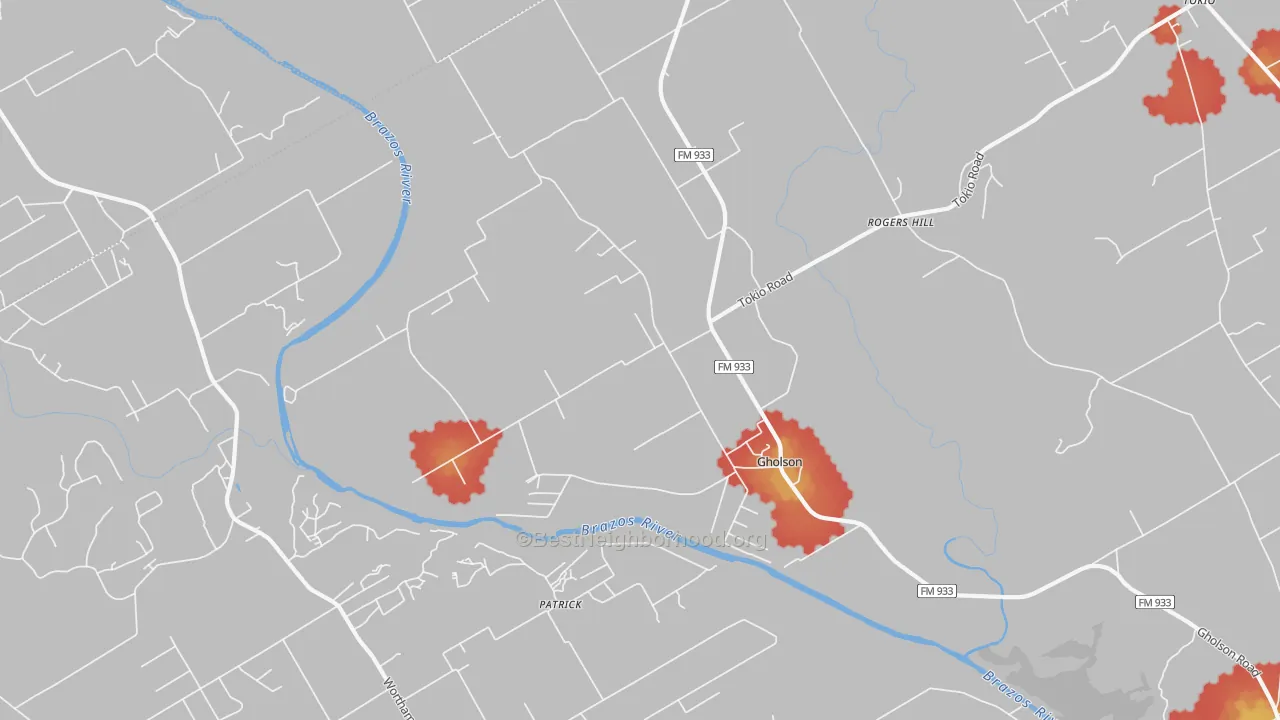 Walk Grade map of Gholson, TX, walkable areas in green and car-dependent areas in red