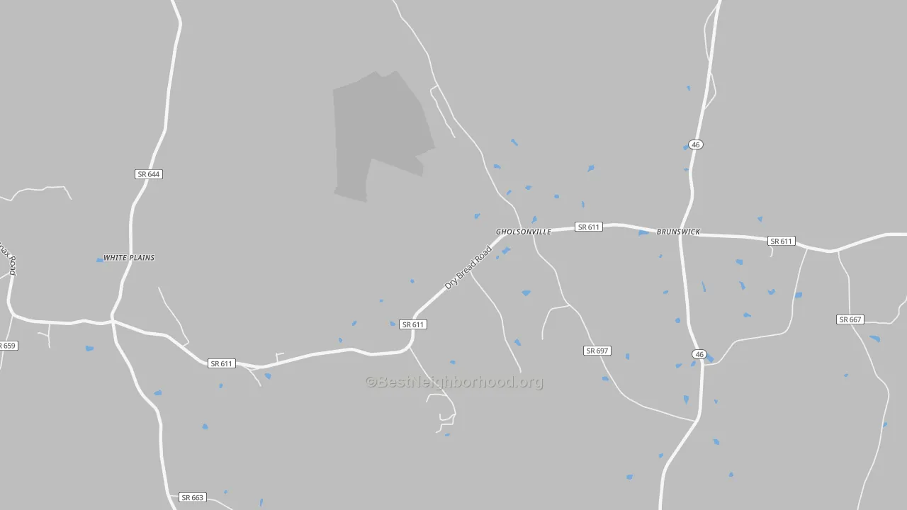 Walk Grade map of Gholsonville, VA, walkable areas in green and car-dependent areas in red