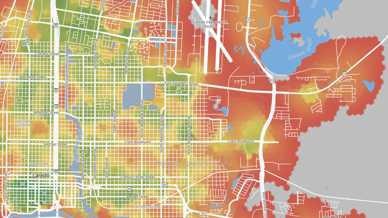 Walk Grade map of Ghost Town, Laredo, TX, walkable areas in green and car-dependent areas in red