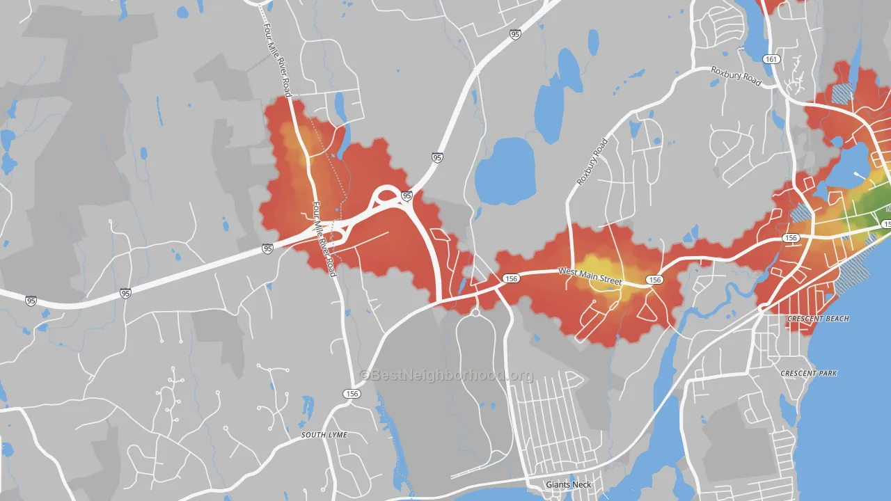 Walk Grade map of Giants Neck, CT, walkable areas in green and car-dependent areas in red