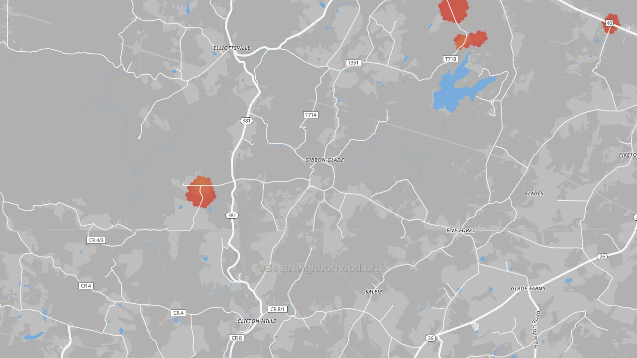 Walk Grade map of Gibbon Glade, PA, walkable areas in green and car-dependent areas in red