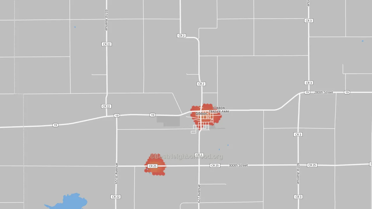 Walk Grade map of Gibbon, MN, walkable areas in green and car-dependent areas in red