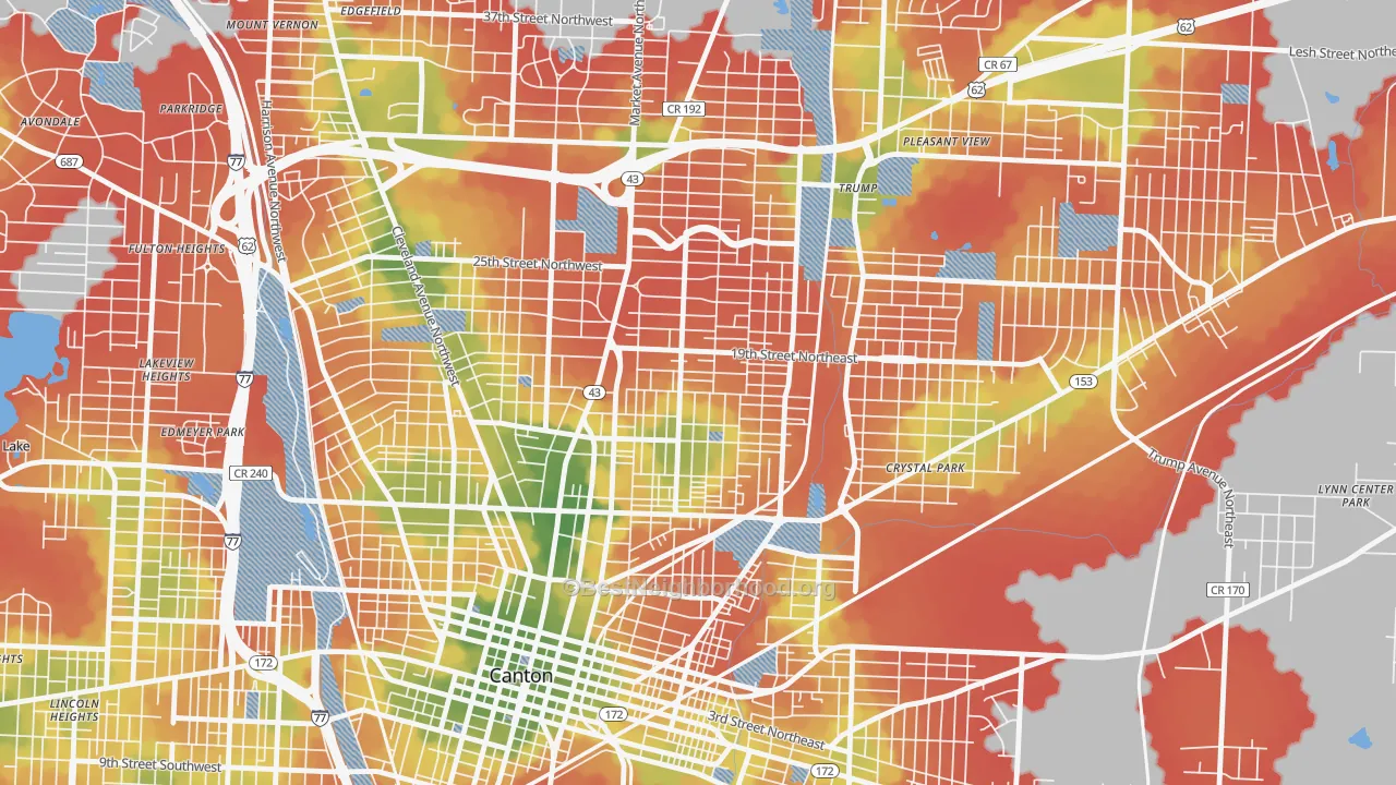 Walk Grade map of Gibbs, Canton, OH, walkable areas in green and car-dependent areas in red