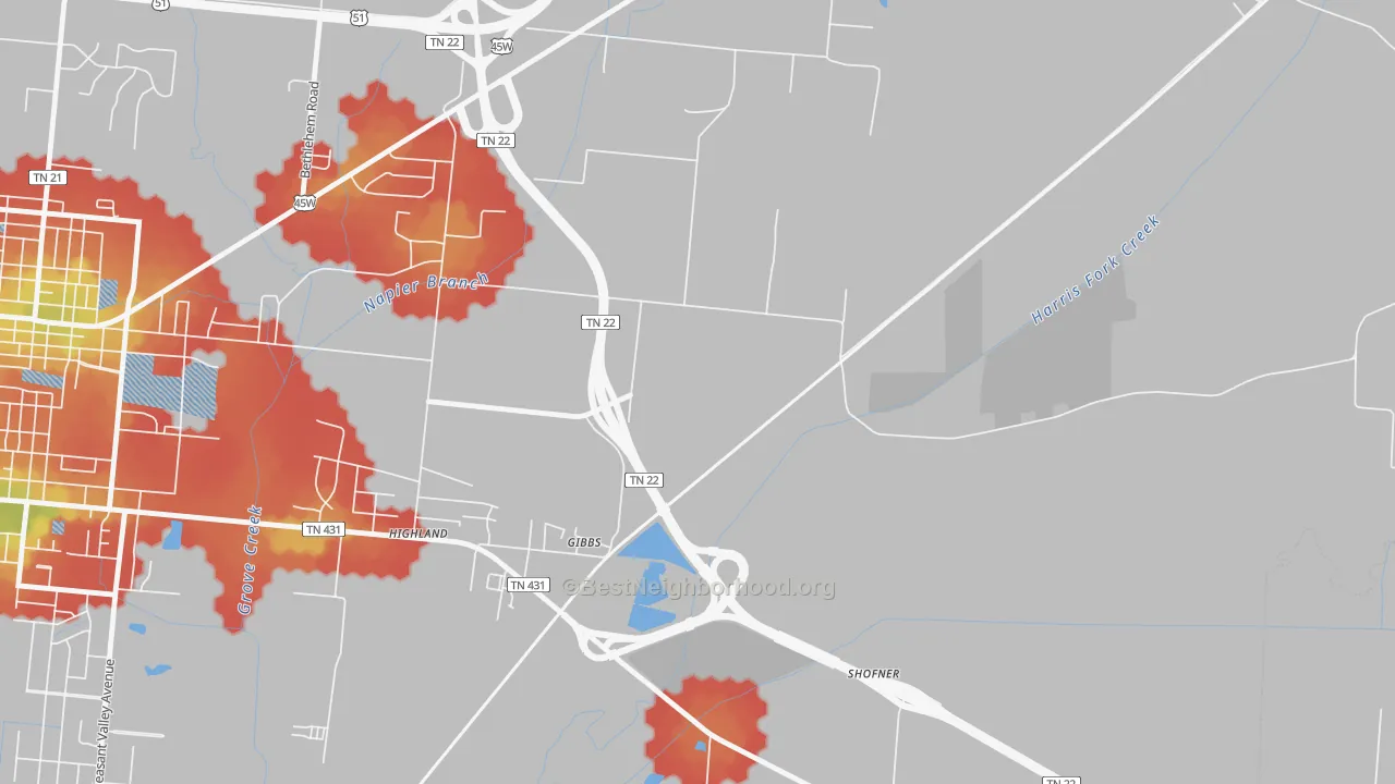 Walk Grade map of Gibbs, TN, walkable areas in green and car-dependent areas in red