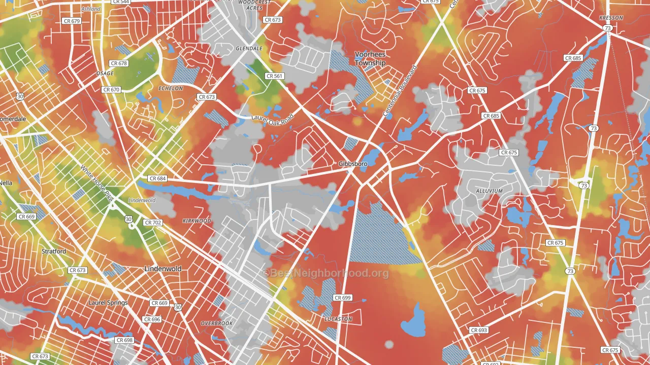 Walk Grade map of Gibbsboro, NJ, walkable areas in green and car-dependent areas in red