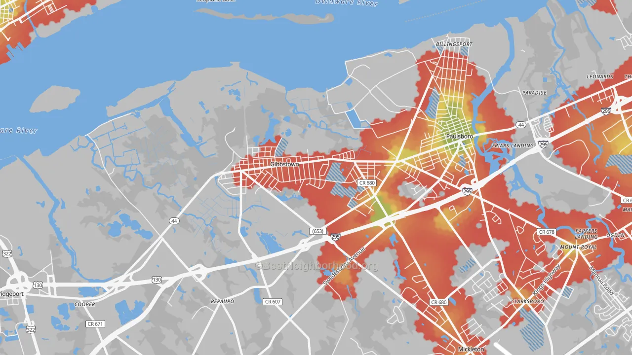 Walk Grade map of Gibbstown, NJ, walkable areas in green and car-dependent areas in red