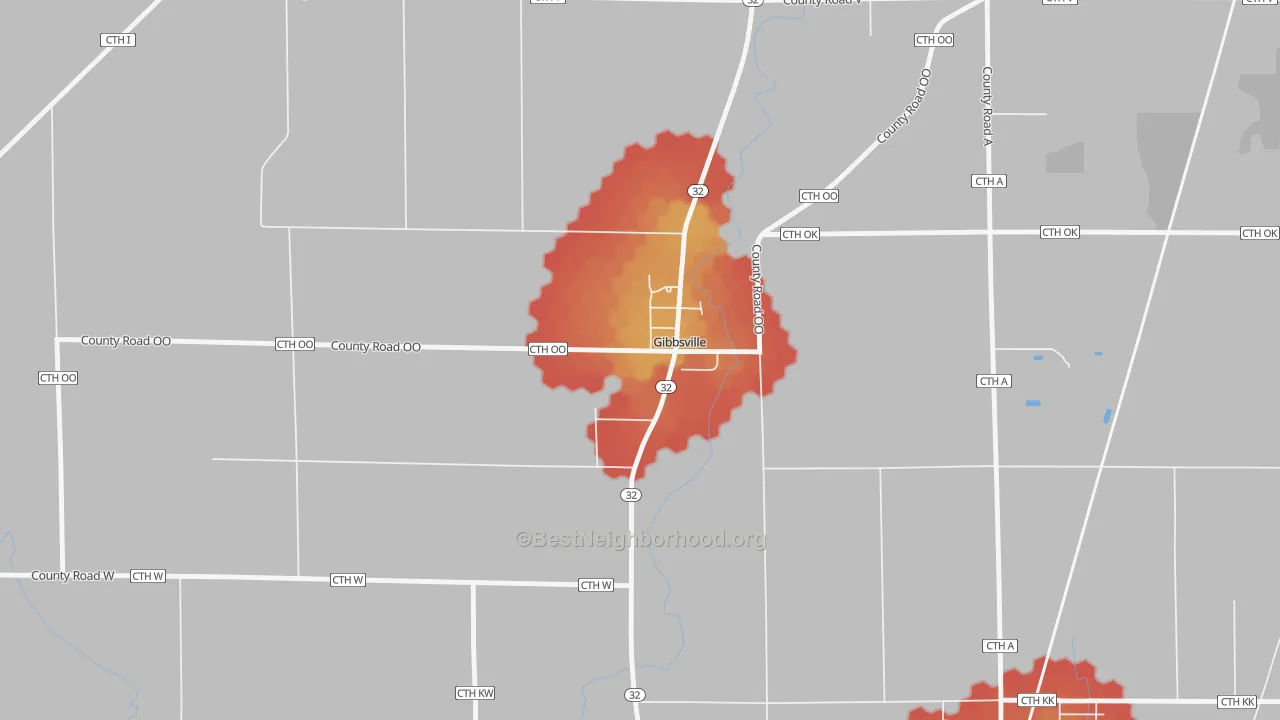 Walk Grade map of Gibbsville, WI, walkable areas in green and car-dependent areas in red