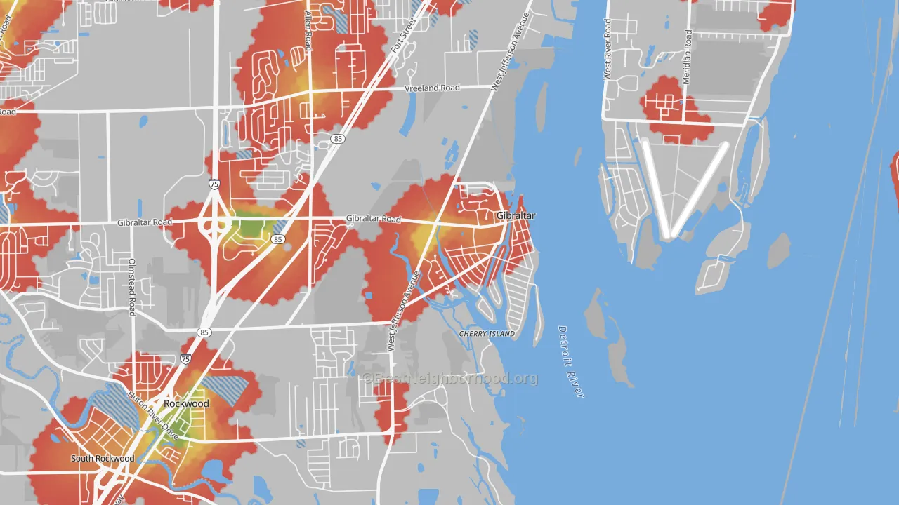 Walk Grade map of Gibraltar, MI, walkable areas in green and car-dependent areas in red