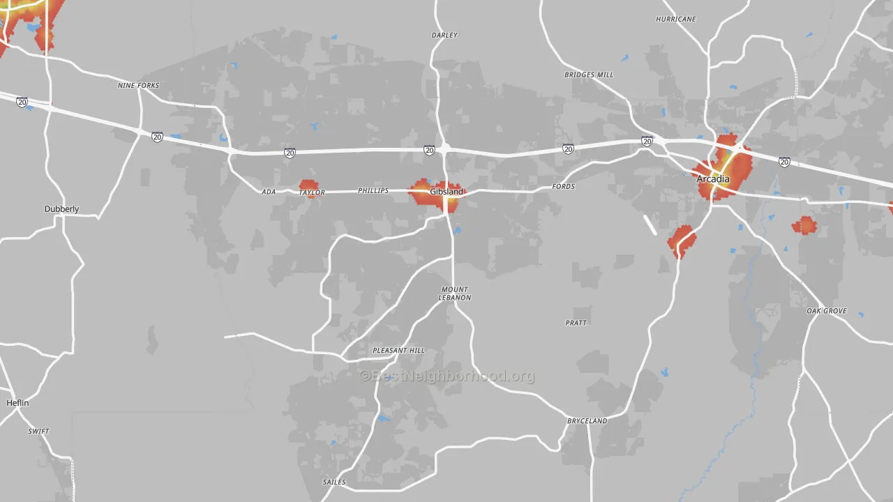 Walk Grade map of Gibsland, LA, walkable areas in green and car-dependent areas in red