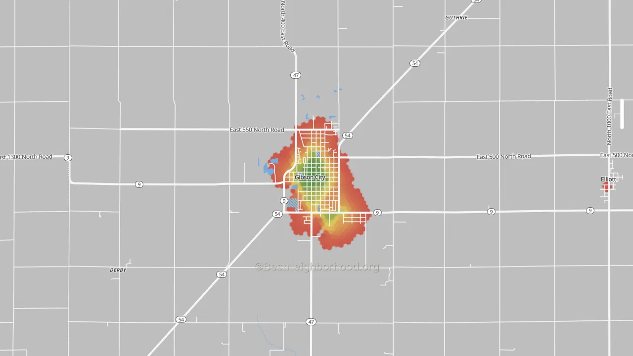Walk Grade map of Gibson City, IL, walkable areas in green and car-dependent areas in red