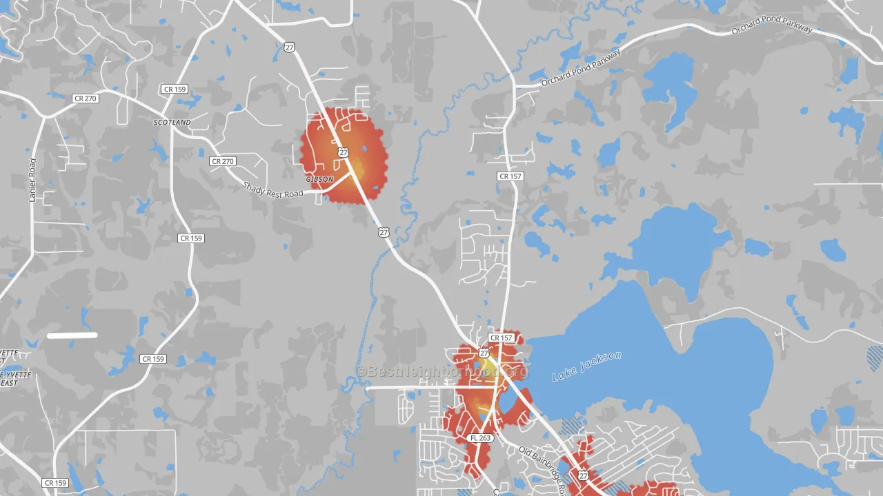 Walk Grade map of Gibson, FL, walkable areas in green and car-dependent areas in red