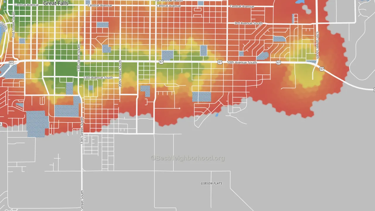 Walk Grade map of Gibson Flats, MT, walkable areas in green and car-dependent areas in red