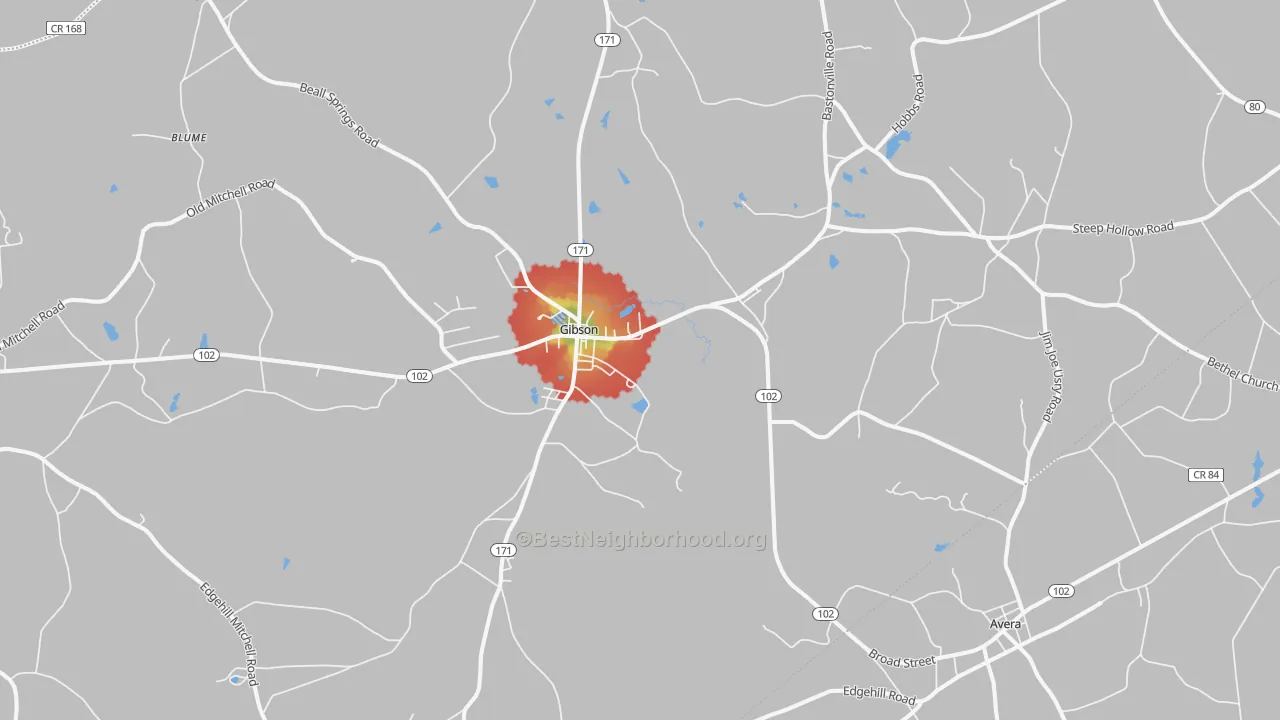 Walk Grade map of Gibson, GA, walkable areas in green and car-dependent areas in red