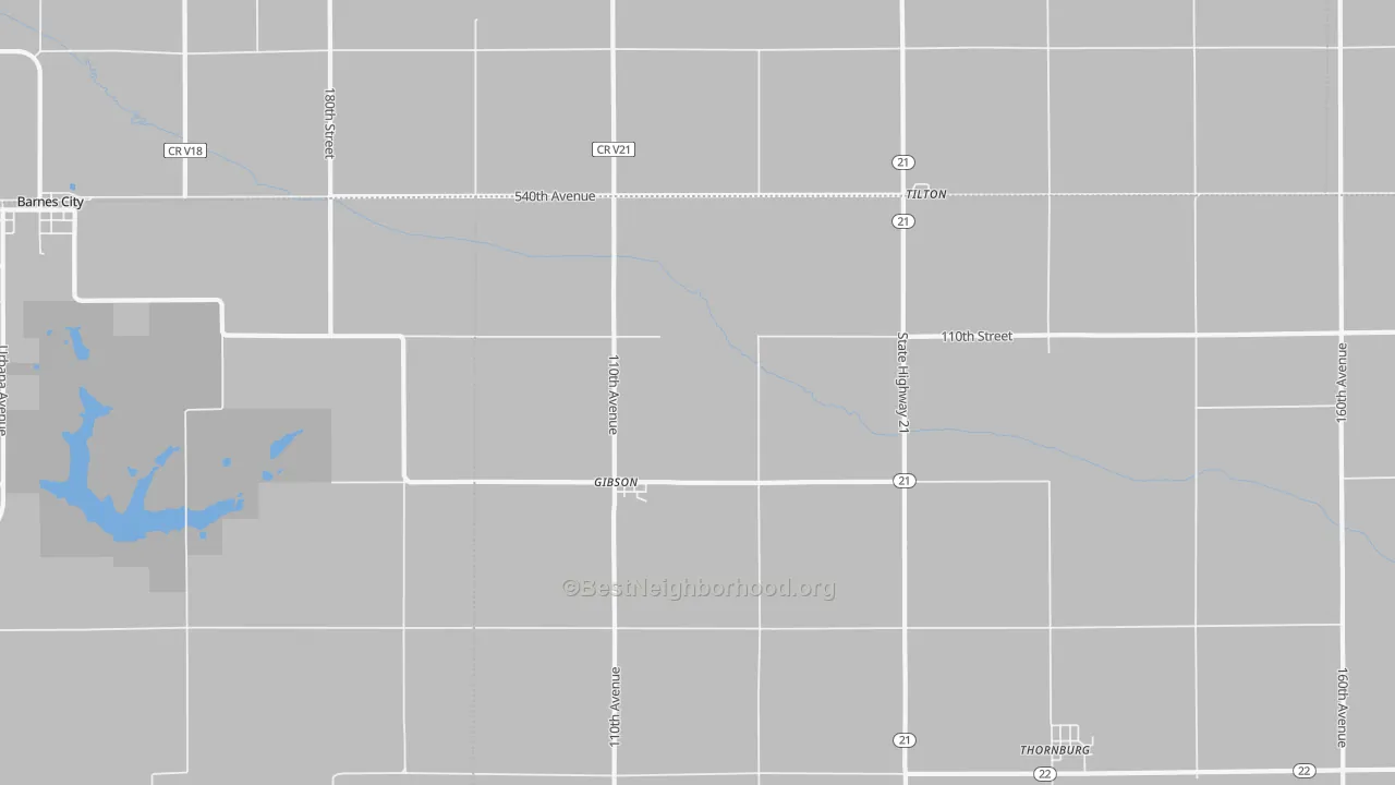 Walk Grade map of Gibson, IA, walkable areas in green and car-dependent areas in red