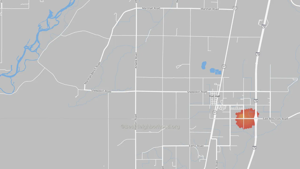 Walk Grade map of Gibson, ID, walkable areas in green and car-dependent areas in red