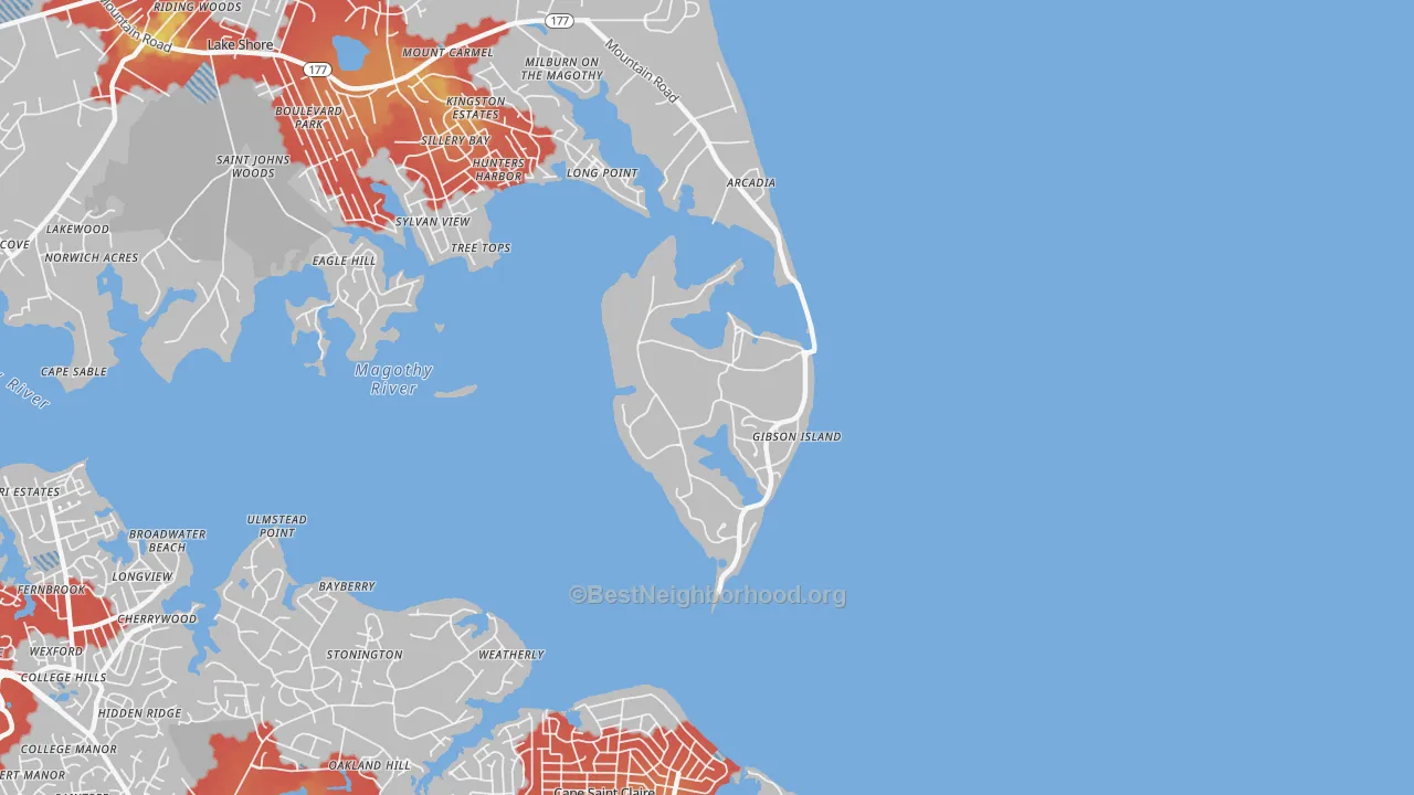 Walk Grade map of Gibson Island, MD, walkable areas in green and car-dependent areas in red