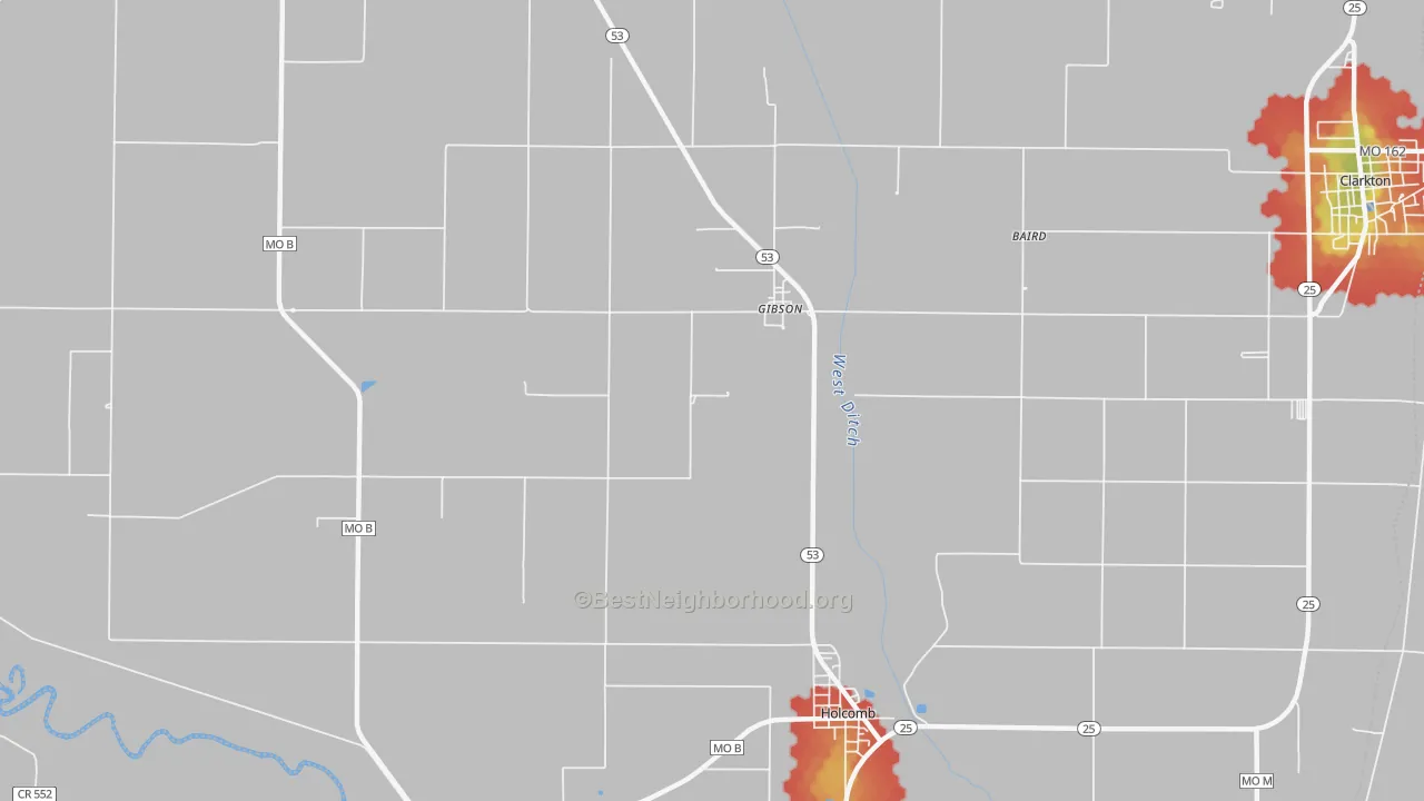 Walk Grade map of Gibson, MO, walkable areas in green and car-dependent areas in red