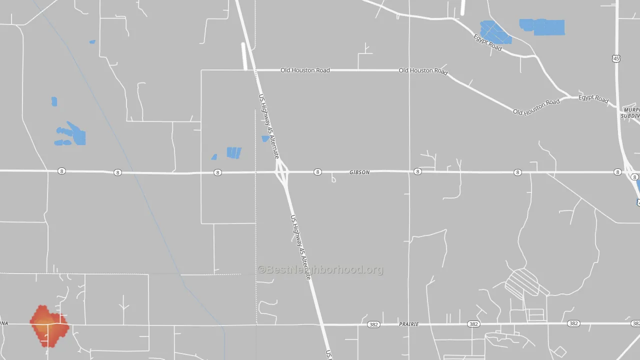 Walk Grade map of Gibson, MS, walkable areas in green and car-dependent areas in red