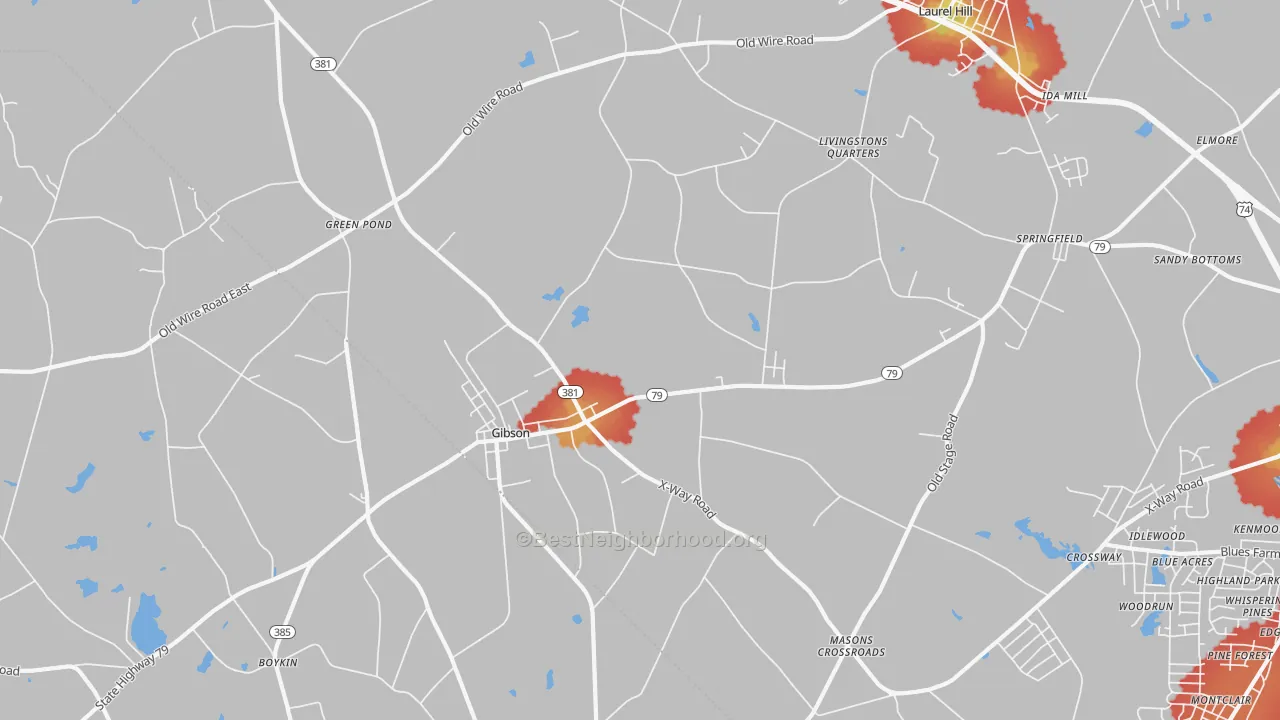 Walk Grade map of Gibson, NC, walkable areas in green and car-dependent areas in red
