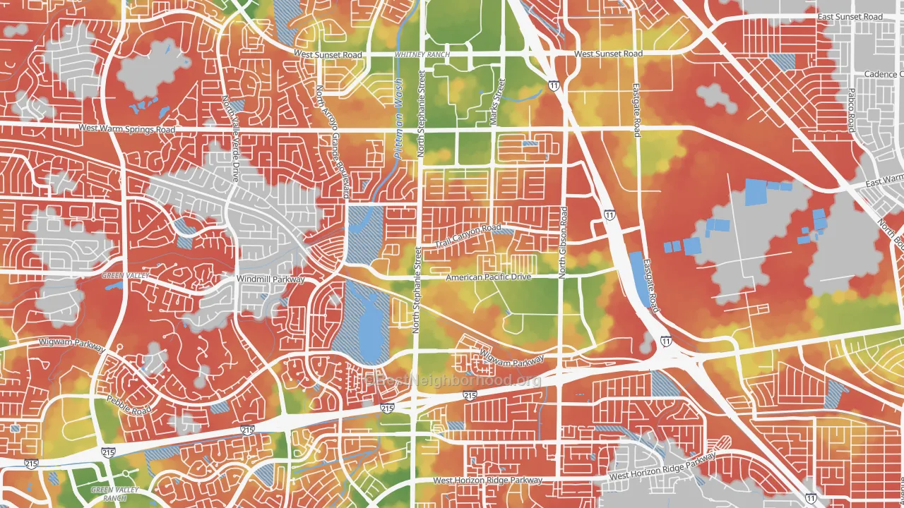 Walk Grade map of Gibson Springs, Henderson, NV, walkable areas in green and car-dependent areas in red