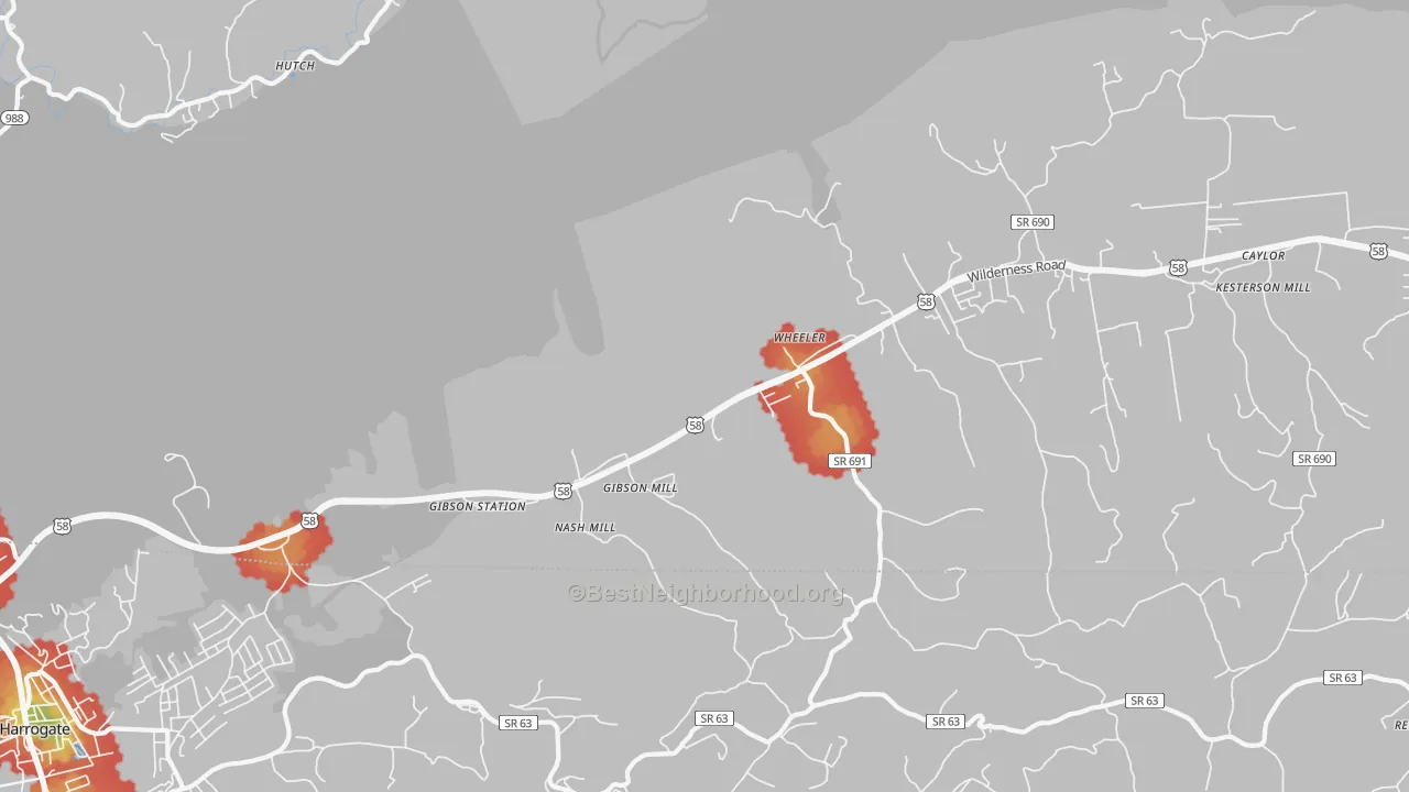Walk Grade map of Gibson Station, VA, walkable areas in green and car-dependent areas in red