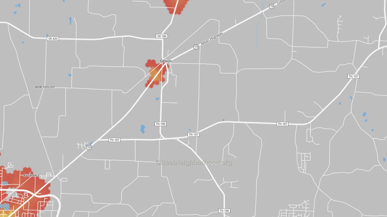 Walk Grade map of Gibson, TN, walkable areas in green and car-dependent areas in red