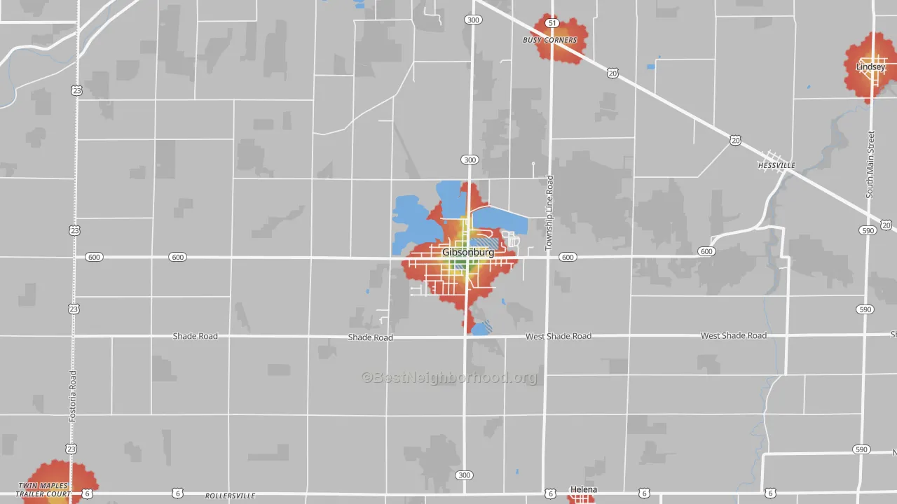 Walk Grade map of Gibsonburg, OH, walkable areas in green and car-dependent areas in red