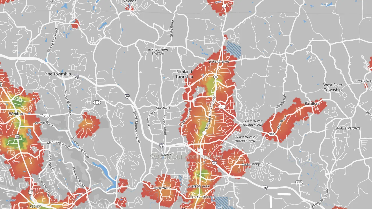 Walk Grade map of Gibsonia, PA, walkable areas in green and car-dependent areas in red