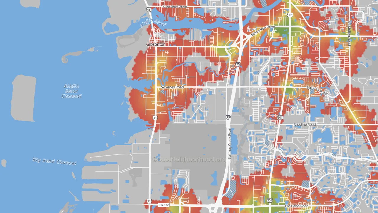 Walk Grade map of Gibsonton, FL, walkable areas in green and car-dependent areas in red