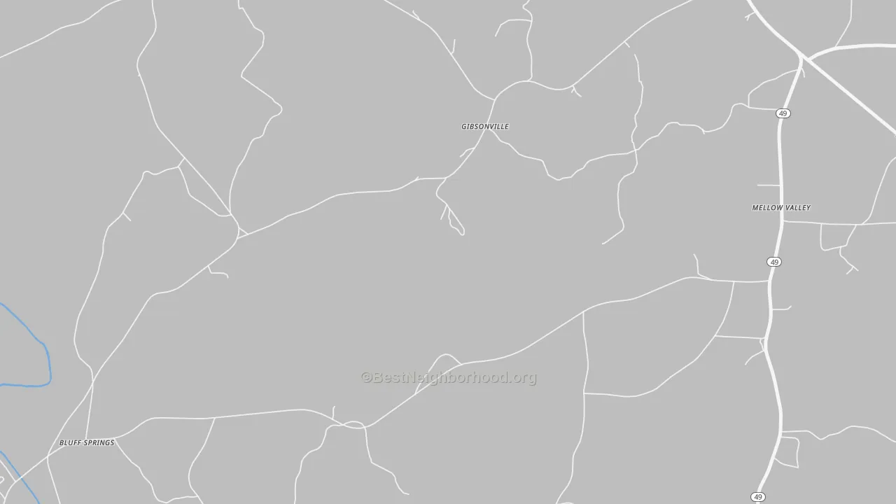Walk Grade map of Gibsonville, AL, walkable areas in green and car-dependent areas in red