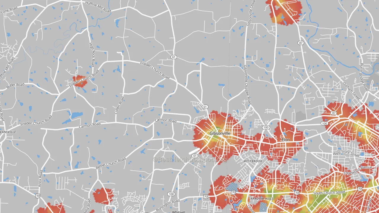 Walk Grade map of Gibsonville, NC, walkable areas in green and car-dependent areas in red