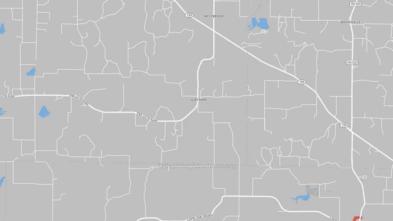 Walk Grade map of Gibtown, TX, walkable areas in green and car-dependent areas in red