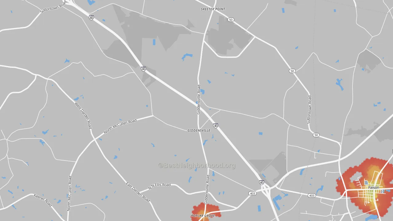 Walk Grade map of Giddensville, NC, walkable areas in green and car-dependent areas in red