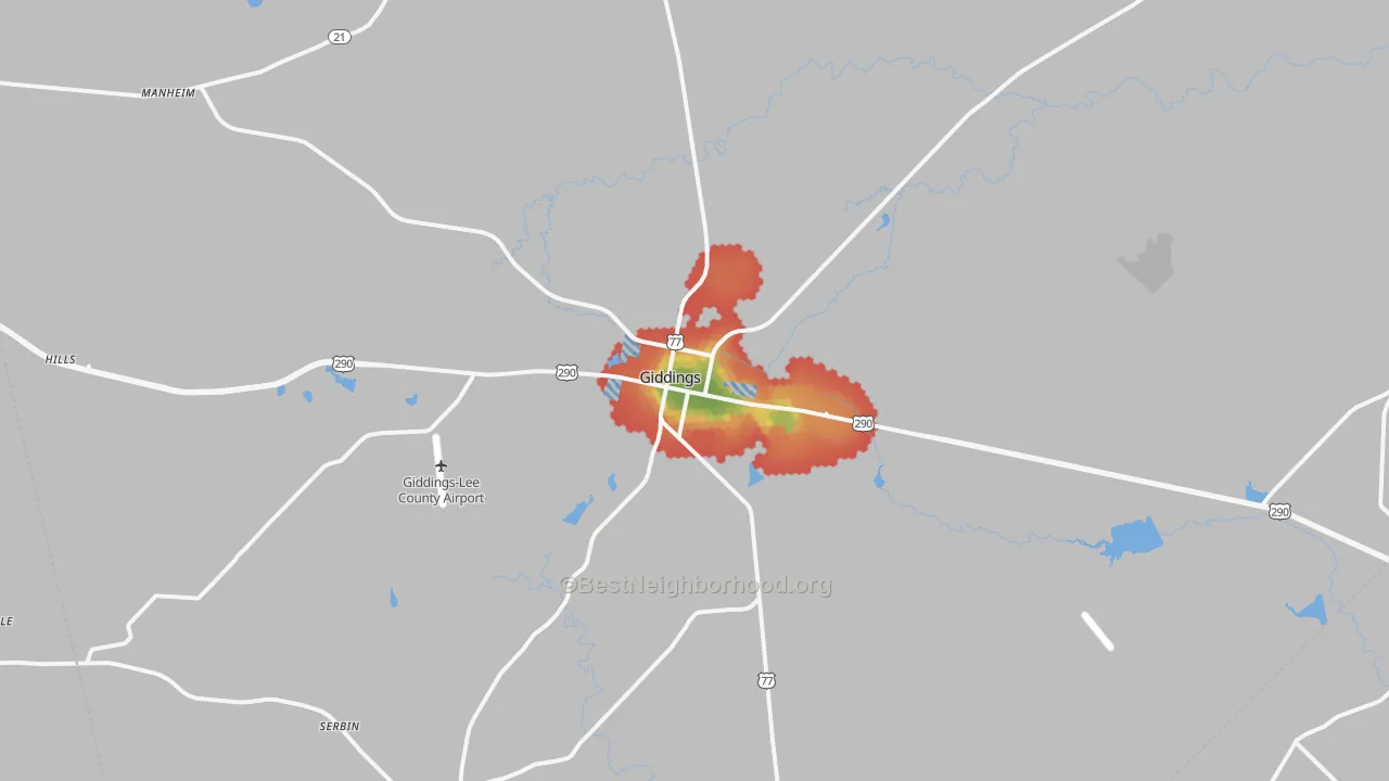 Walk Grade map of Giddings, TX, walkable areas in green and car-dependent areas in red