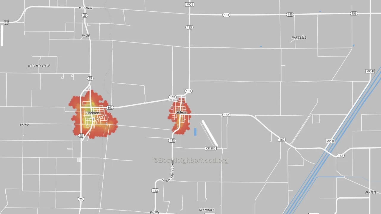 Walk Grade map of Gideon, MO, walkable areas in green and car-dependent areas in red