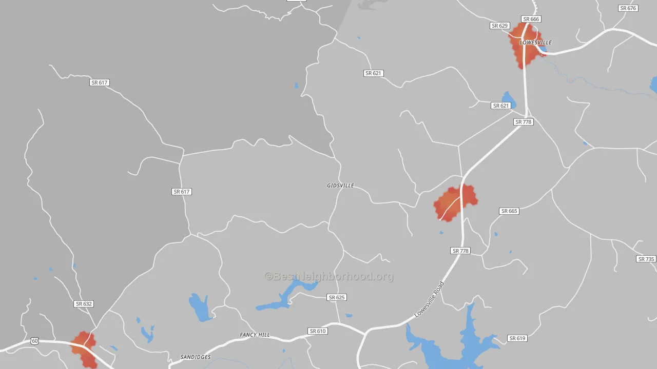Walk Grade map of Gidsville, VA, walkable areas in green and car-dependent areas in red
