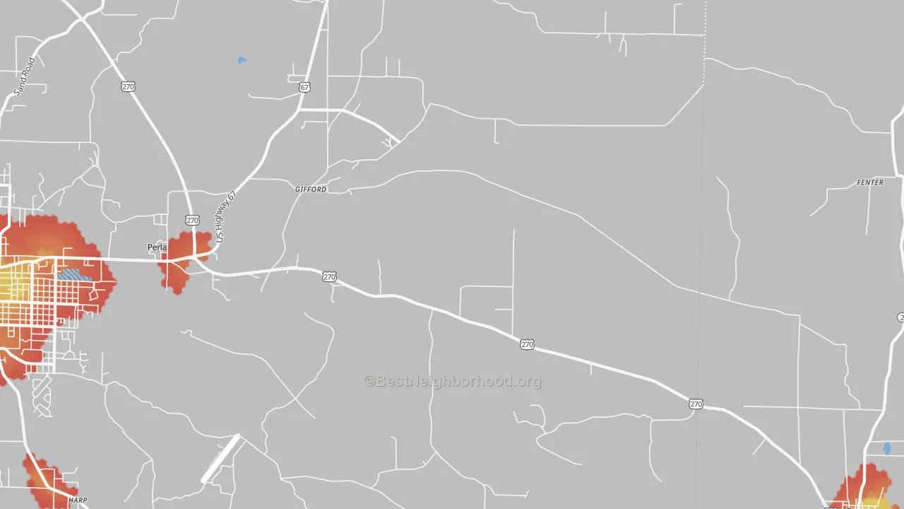 Walk Grade map of Gifford, AR, walkable areas in green and car-dependent areas in red