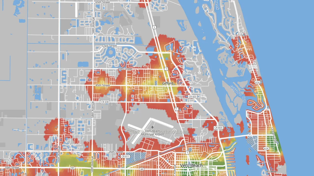 Walk Grade map of Gifford, FL, walkable areas in green and car-dependent areas in red