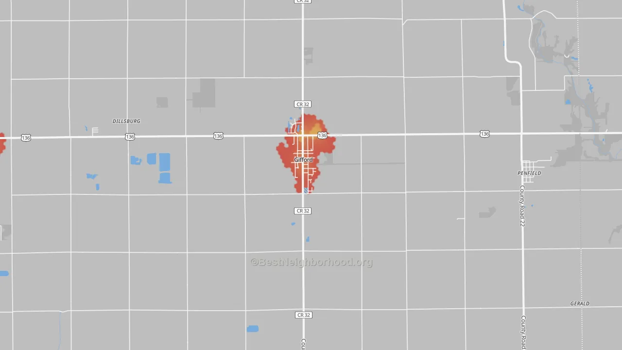 Walk Grade map of Gifford, IL, walkable areas in green and car-dependent areas in red