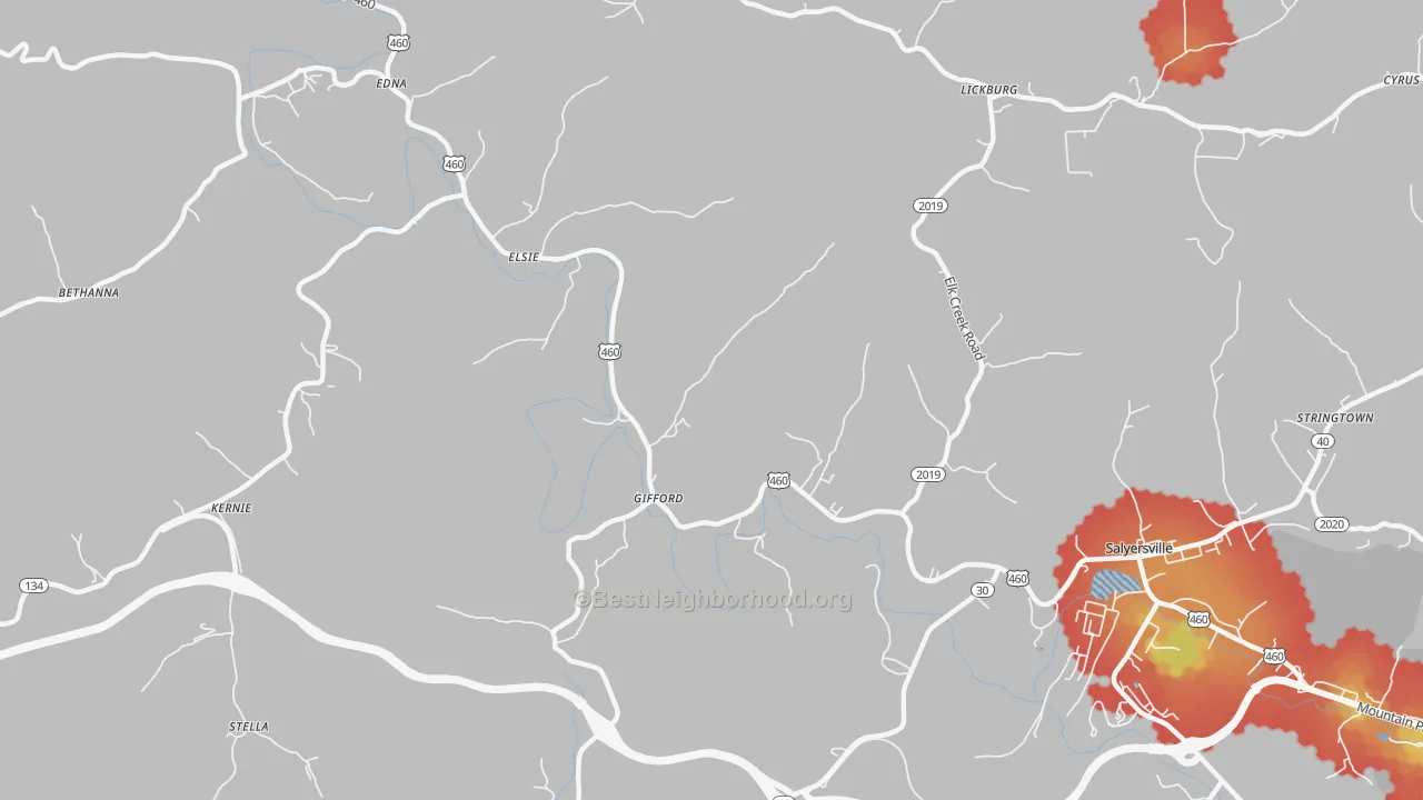 Walk Grade map of Gifford, KY, walkable areas in green and car-dependent areas in red