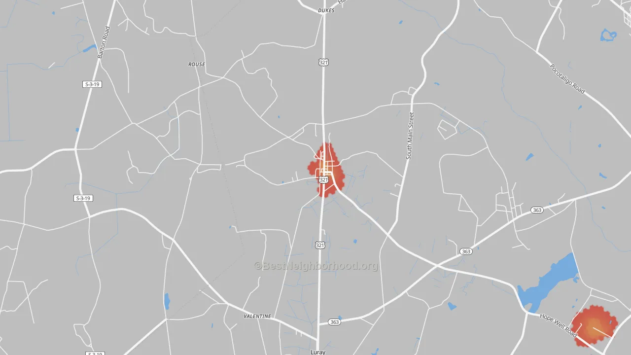 Walk Grade map of Gifford, SC, walkable areas in green and car-dependent areas in red