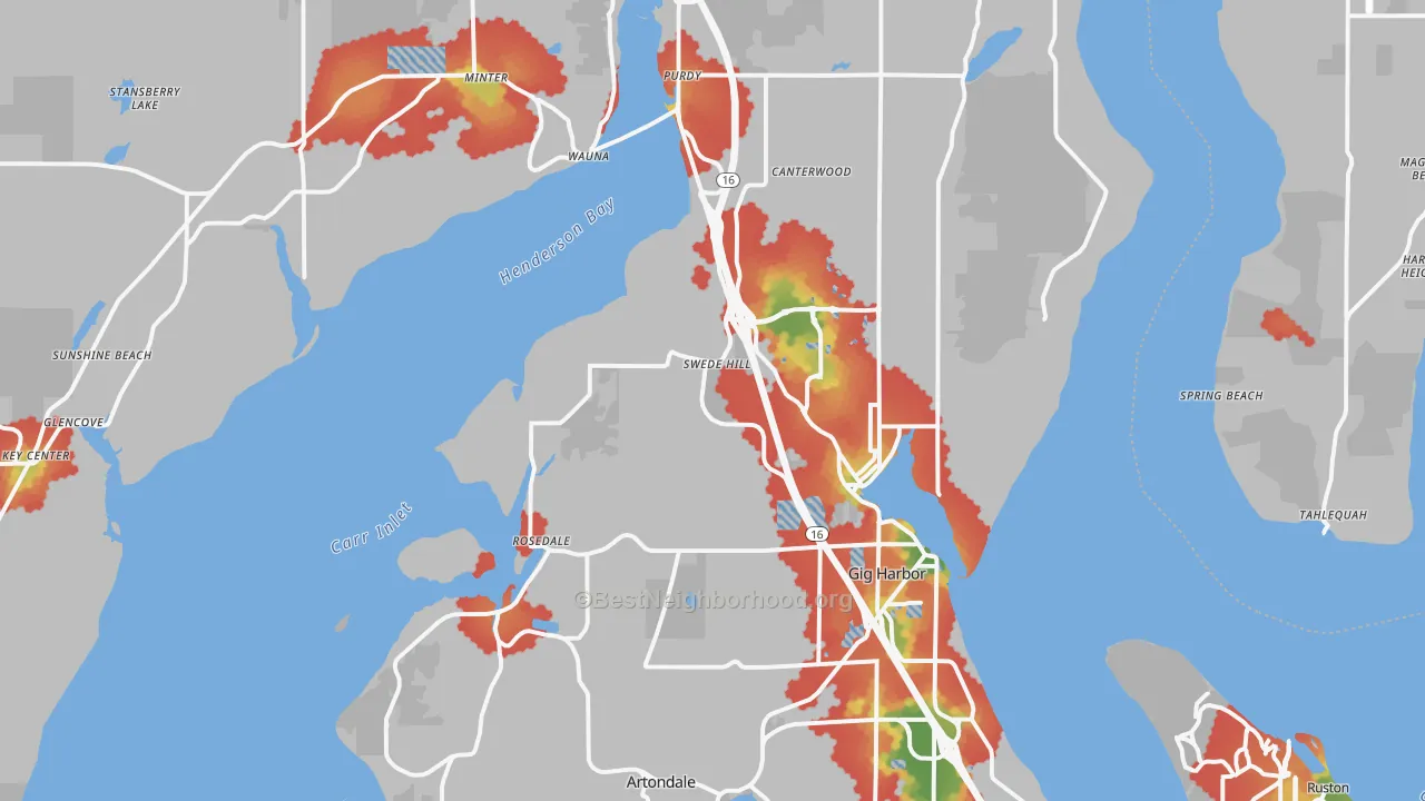 Walk Grade map of Gig Harbor, WA, walkable areas in green and car-dependent areas in red
