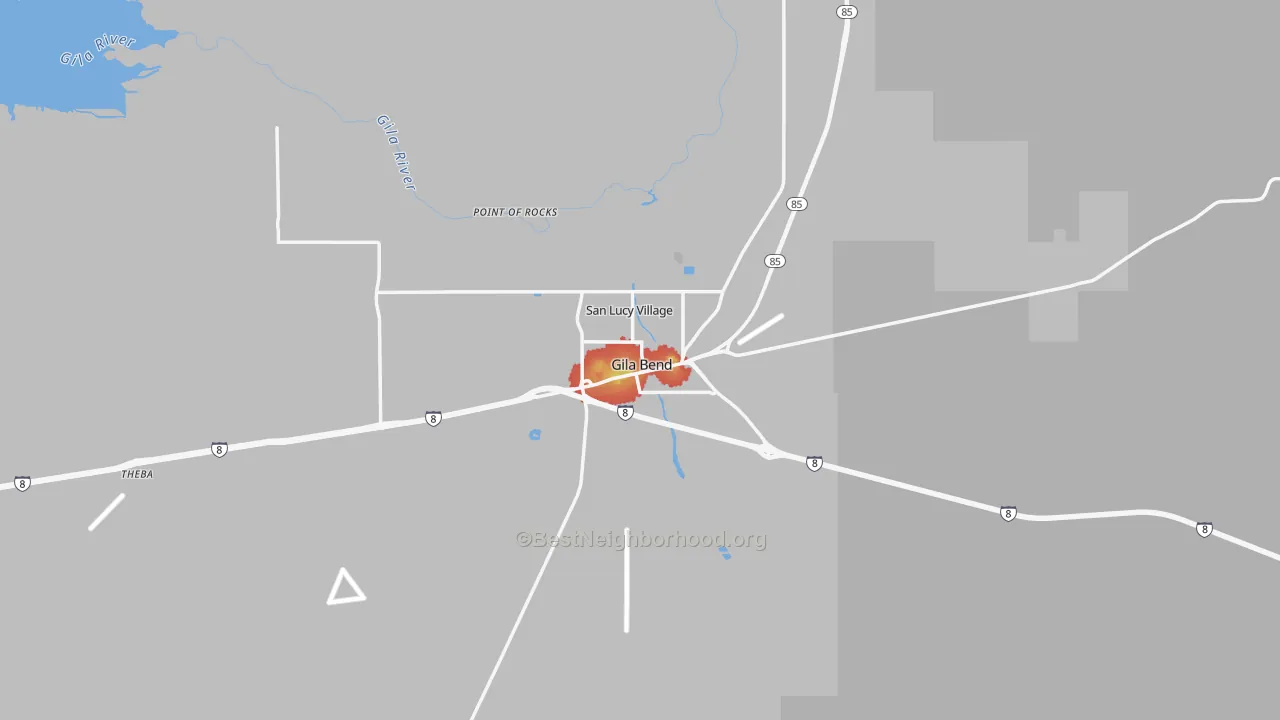 Walk Grade map of Gila Bend, AZ, walkable areas in green and car-dependent areas in red