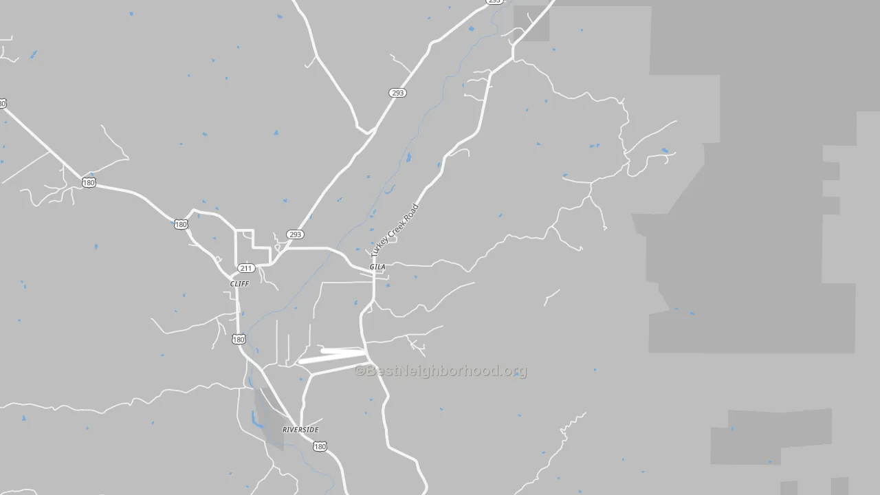 Walk Grade map of Gila, NM, walkable areas in green and car-dependent areas in red