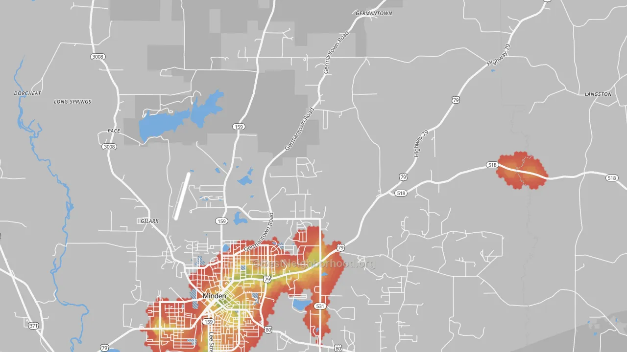 Walk Grade map of Gilark, LA, walkable areas in green and car-dependent areas in red