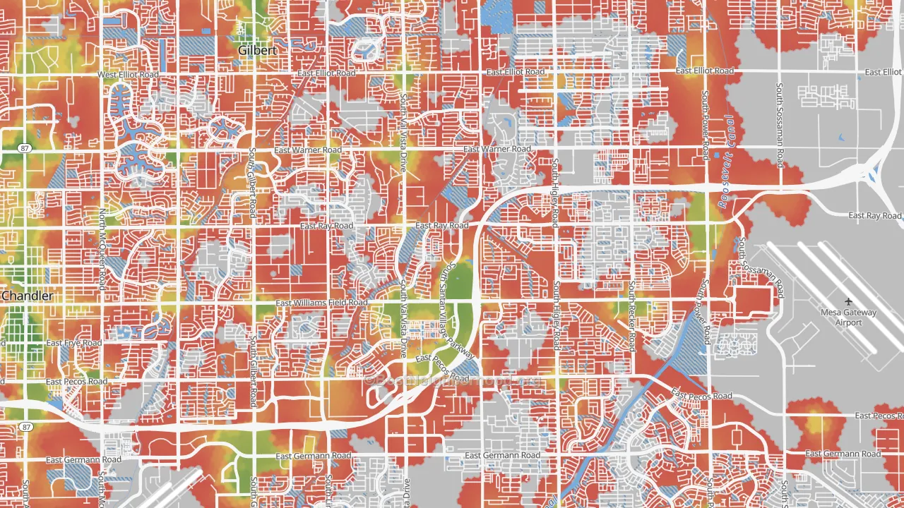 Walk Grade map of Gilbert, AZ, walkable areas in green and car-dependent areas in red